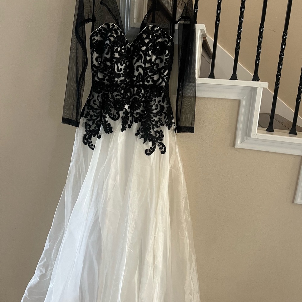 Elegant Black and White Gown with Sheer Sleeves